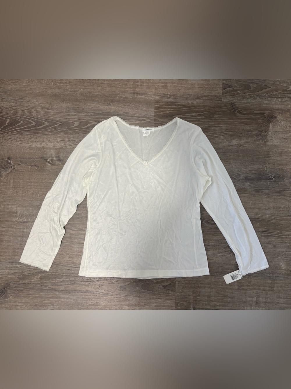 Cuddl Silks white V-Neck Long Sleeve Top under shirt lace detail